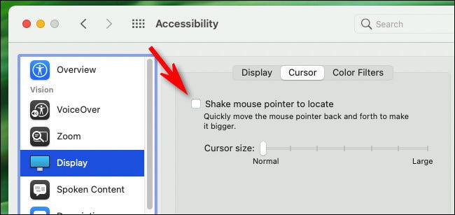 Para deshabilitar la función de agitar para buscar el puntero del mouse en macOS, desmarque "Agitar el puntero del mouse para ubicar".
