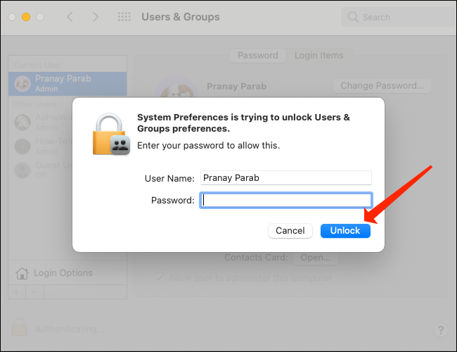 Ingrese la contraseña de su cuenta de usuario en Mac y haga clic en "Desbloquear".