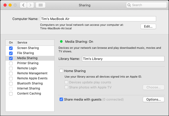 Configurar el uso compartido de medios en macOS Catalina