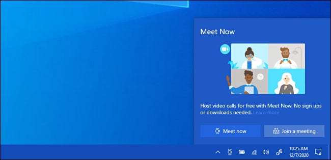 La ventana emergente "Reunirse ahora" de Windows 10