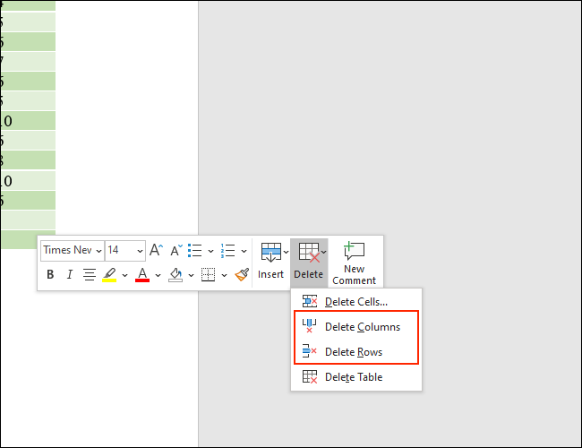 Eliminar columnas le permite eliminar columnas de una tabla y Eliminar filas le permite eliminar filas de tablas de Microsoft Word