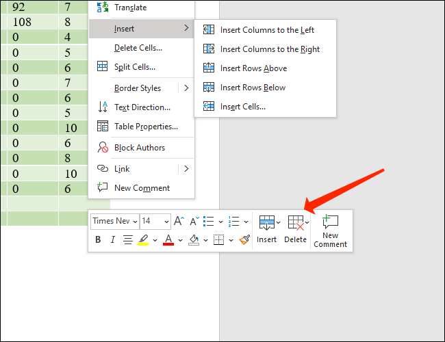 Haga clic en Eliminar para revelar las opciones para eliminar filas y columnas de las tablas de Microsoft Word