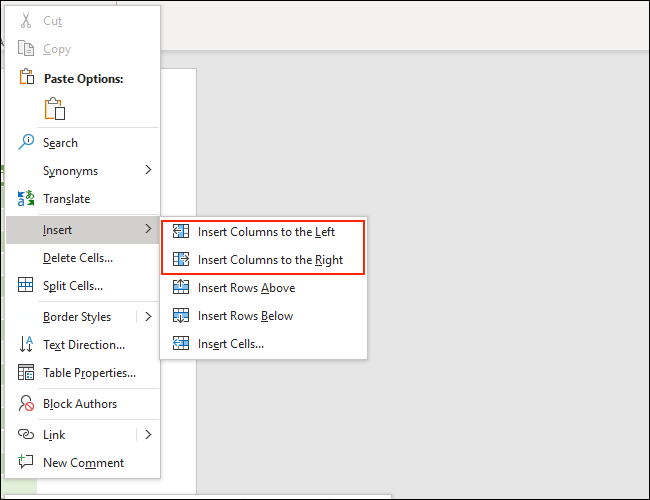 Puede seleccionar las opciones de Insertar columna para agregar columnas a una tabla en Microsoft Word