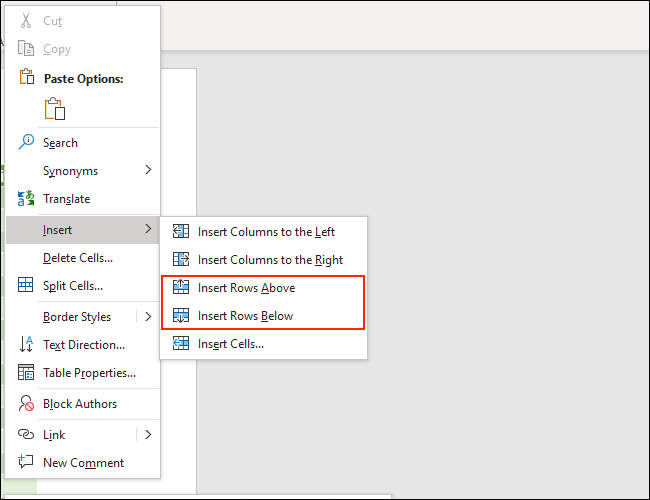 Puede seleccionar las opciones de Insertar fila para agregar filas a una tabla en Microsoft Word