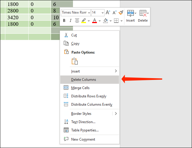 Haga clic en Eliminar columnas para eliminar las columnas seleccionadas de las tablas de Microsoft Word