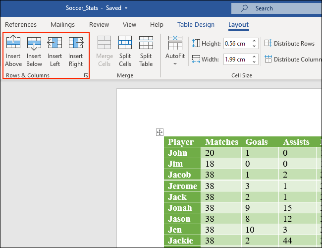 La parte de Filas y columnas de la pestaña Diseño le permite agregar filas y columnas a las tablas de Microsoft Word