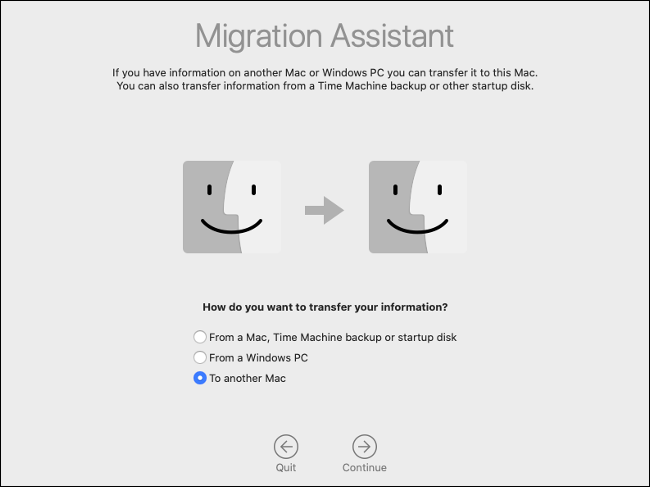 Seleccione "A otra Mac" en el Asistente de migración.