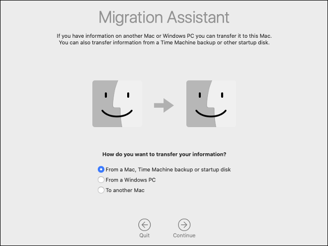 Le tableau de bord de l'assistant de migration macOS.