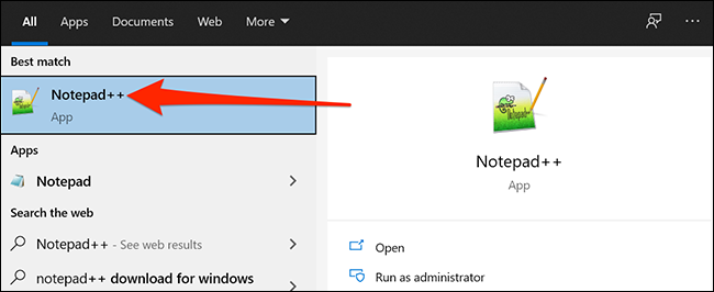 Inicie Notepad ++ en el menú Inicio de Windows.