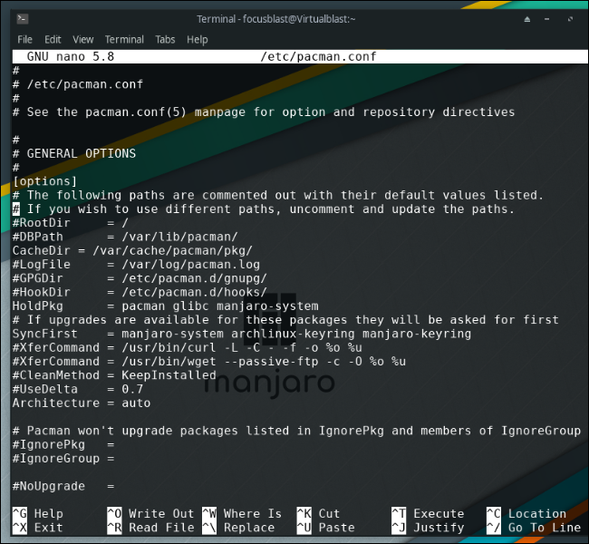 archivo de configuración de pacman en manjaro linux