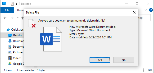 El mensaje de confirmación al eliminar un archivo con Shift + Delete.