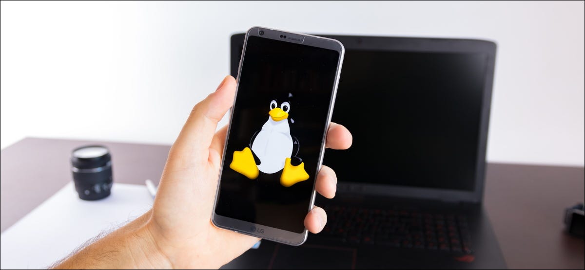 Uno smartphone con il logo Linux Tux davanti a un laptop.