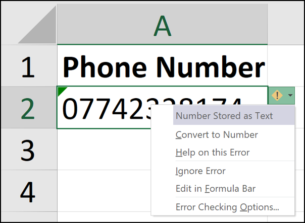 Número de teléfono almacenado como texto en Excel
