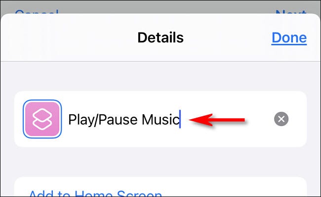 Cambie el nombre del acceso directo a "Reproducir / Pausar música".