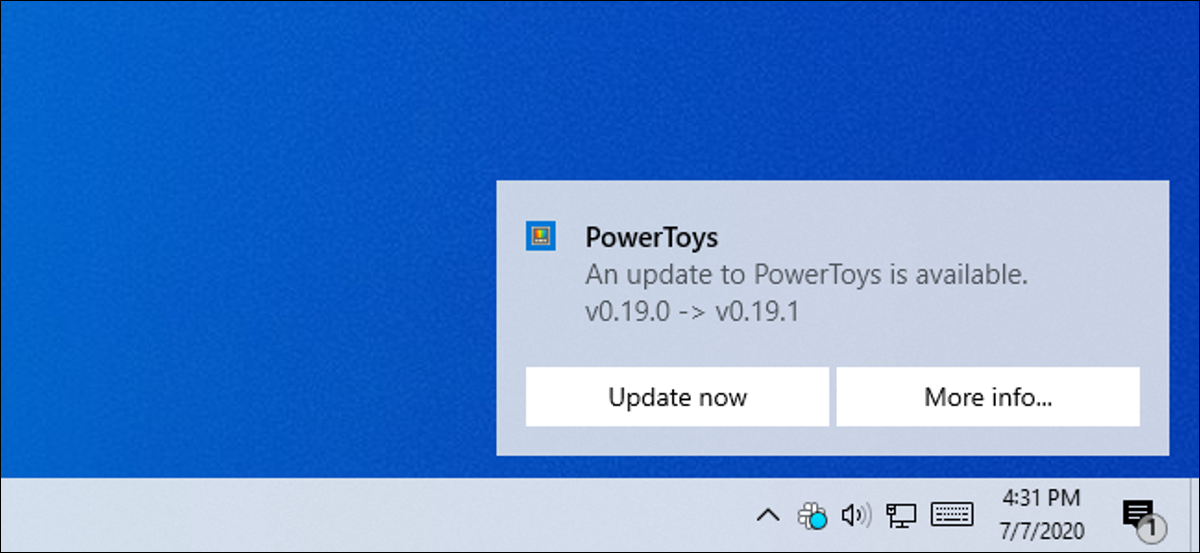 Un brindis de notificación para Microsoft PowerToys en Windows 10.