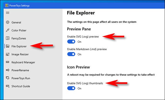 Abra la configuración de PowerToys y haga clic en "Explorador de archivos" para ver las opciones de SVG.