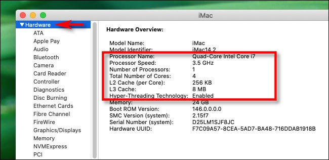 Los detalles de la CPU "Hardware".