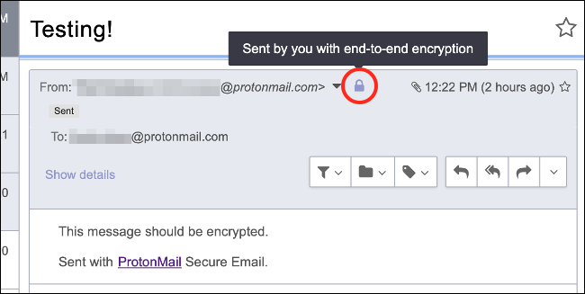 Correo electrónico cifrado internamente por ProtonMail 