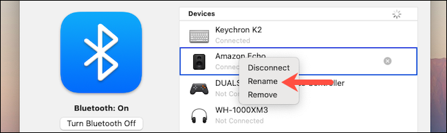 Haga clic en la opción Cambiar nombre en la configuración de macOS Bluetooth