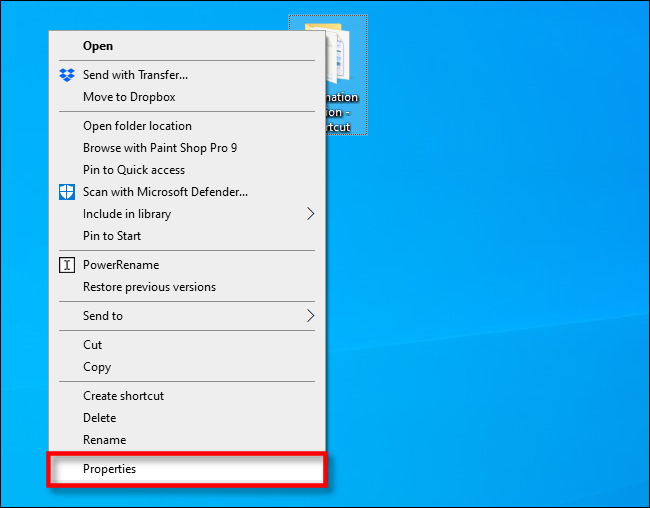 Haga clic derecho en el acceso directo y haga clic en "Propiedades" en Windows 10.