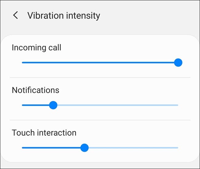 Samsung Galaxy S20 Elija la intensidad de vibración