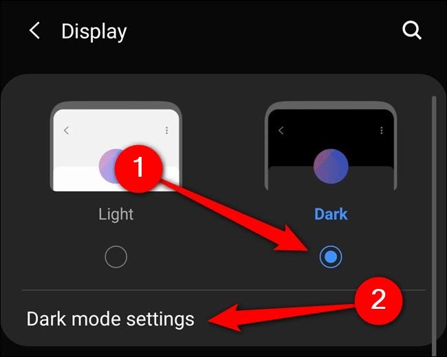 Samsung Galaxy S20 Seleccione "Modo oscuro".  También puede tocar en "Configuración del modo oscuro".