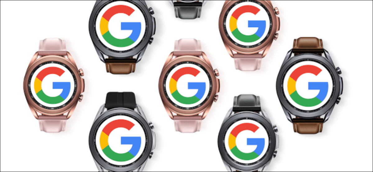 Siete relojes inteligentes Samsung Galaxy con el logo de Google en sus caras.