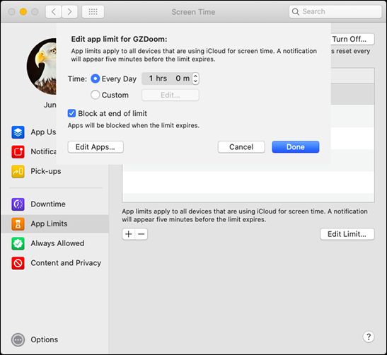 El menú "Editar límite de aplicaciones" en una Mac.