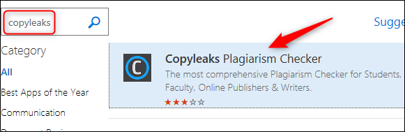 Ich suchte "Kopierlecks" und dann klick "Copyleaks-Plagiatsprüfung".