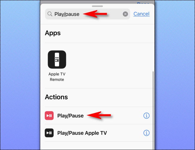 En la lista de acciones, busque 'Reproducir / pausar" y toque "Reproducir pausar."