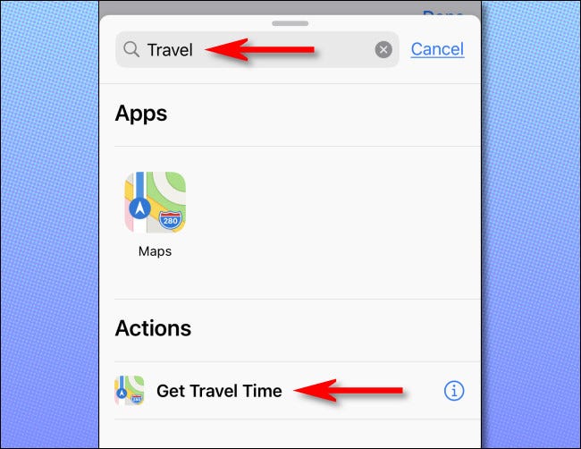 En el panel de acciones, busque "viajar" y luego seleccione "Obtener tiempo de viaje".