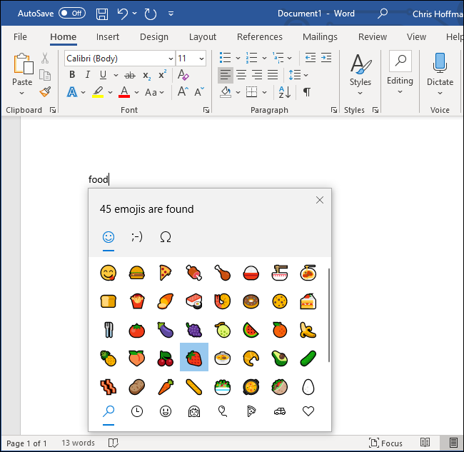 Buscando un emoji de comida en Microsoft Word.