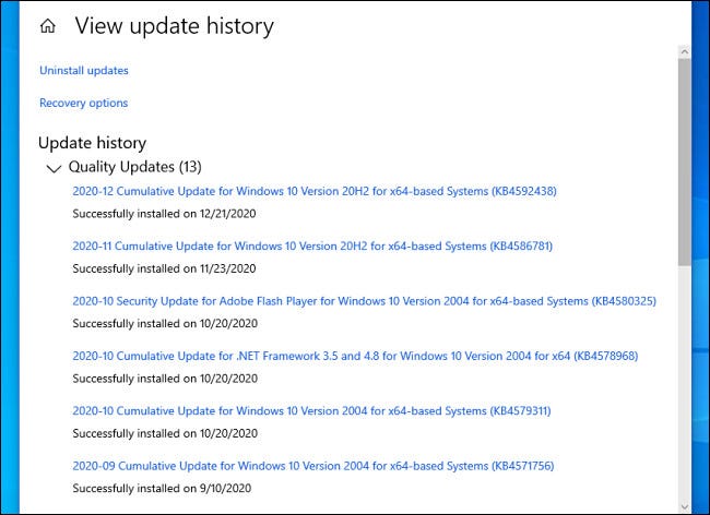 A list of Windows updates 10 installed in Settings.