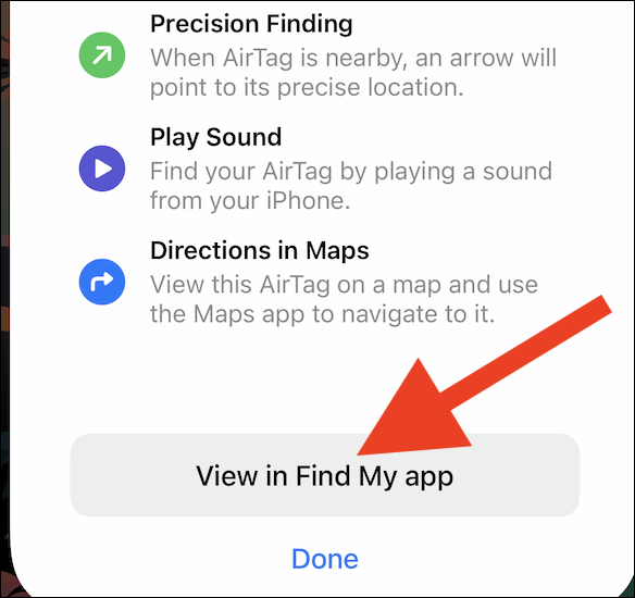 Seleccione "Ver en Find My App" para ver la ubicación de AirTag