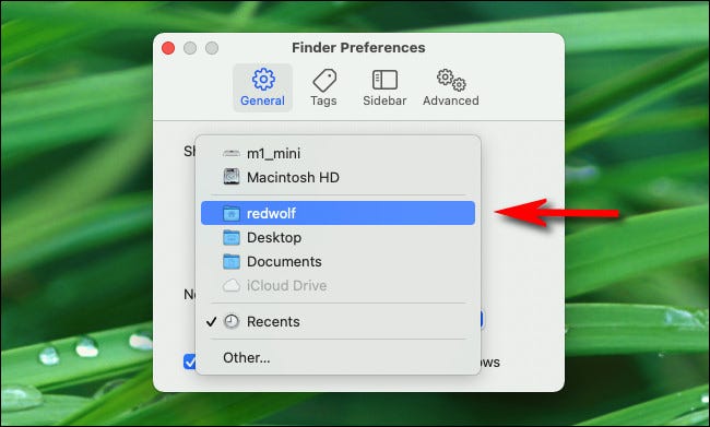 En las Preferencias del Finder, seleccione una nueva ubicación predeterminada de la ventana del Finder en el menú.
