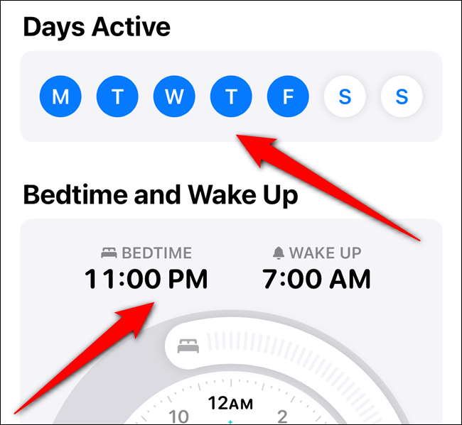 Toque los días de la semana en los que desea utilizar este programa y luego configure las horas de "Hora de dormir" y "Despertar".