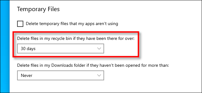 Establecer el intervalo para la eliminación de archivos de la Papelera de reciclaje en la configuración de Windows 10