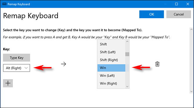 Dans PowerToys, sélectionnez une touche et attribuez-la à la touche Windows dans le gestionnaire de clavier de Windows 10
