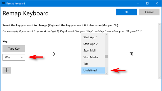 Em PowerToys, selecione a tecla Win e Não atribuído no Gerenciador de teclado no Windows 10