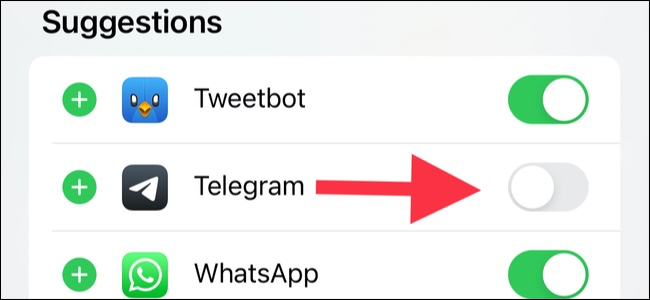 Toque el interruptor verde para eliminar Telegram de la hoja para compartir del iPhone