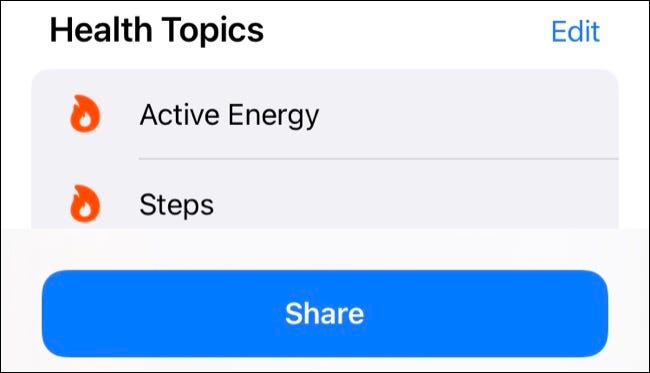 Toque el botón Compartir para compartir sus datos de salud