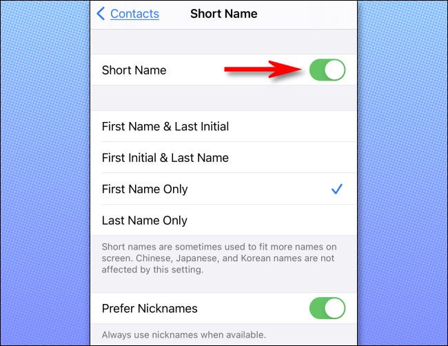 En la configuración de Nombre corto en iPhone o iPad, considere desactivar "Nombre corto"