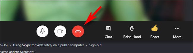 El botón de desconexión en Skype "Reunirse ahora"