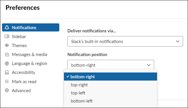 Opciones de posición de notificación de holgura en Windows 10.