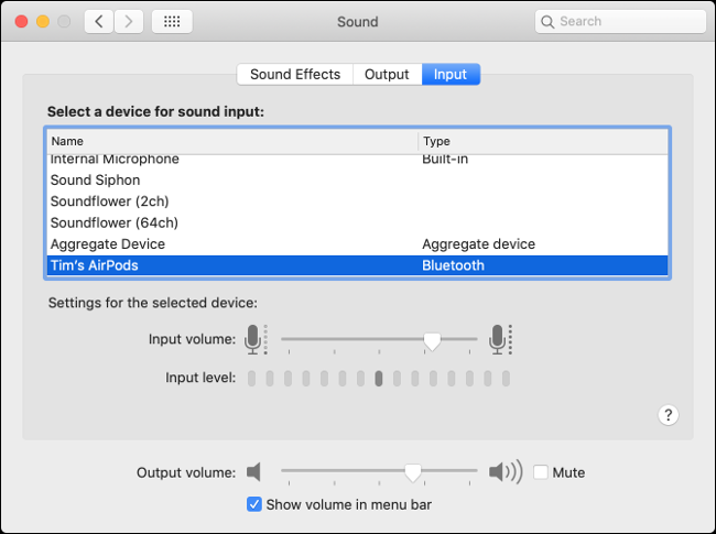 Preferencias de entrada de sonido de macOS