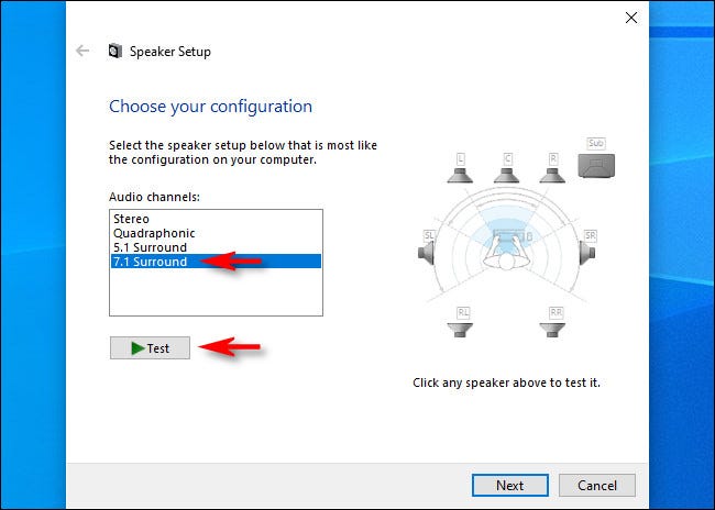 En Configuración de altavoces para Windows 10, seleccione los canales de audio y haga clic en "Probar".