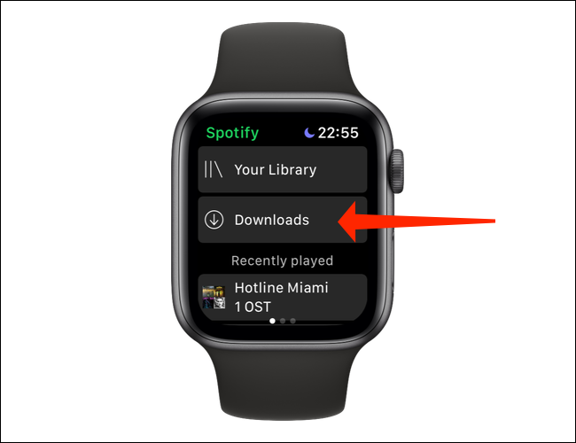 Grifo "Descargas" para comprobar qué canciones o podcasts se han descargado en la aplicación Apple Watch de Spotify.