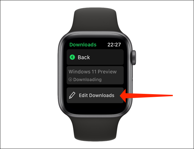 En la página "Descargas" de Spotify para Apple Watch, puede tocar "Editar descargas" para dejar de descargar cualquiera de los elementos en la cola o para eliminar un archivo descargado de su Apple Watch. 