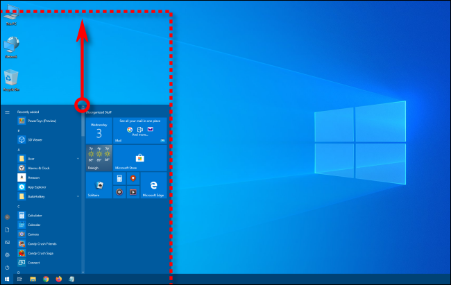 Redimensionar verticalmente el menú Inicio de Windows 10
