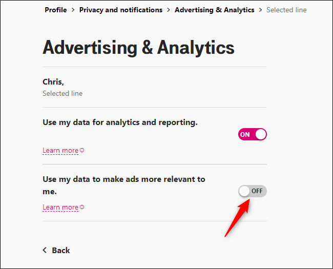 Inhabilite "Usar mis datos para hacer que los anuncios sean más relevantes para mí".